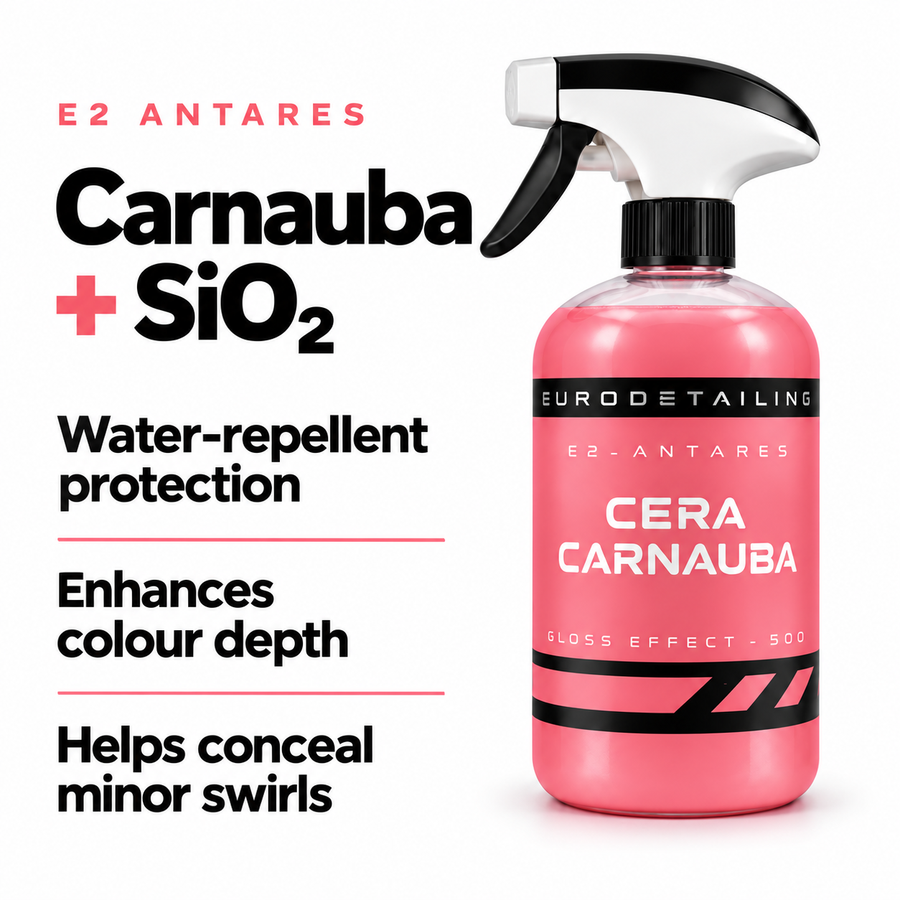 Eurodetailing carnauba wax with SiO₂, highlighting water repellency, colour depth and swirl concealment.