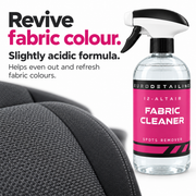 Eurodetailing I2 Altair Fabric Cleaner beside grey fabric car seats and a microfibre cloth.