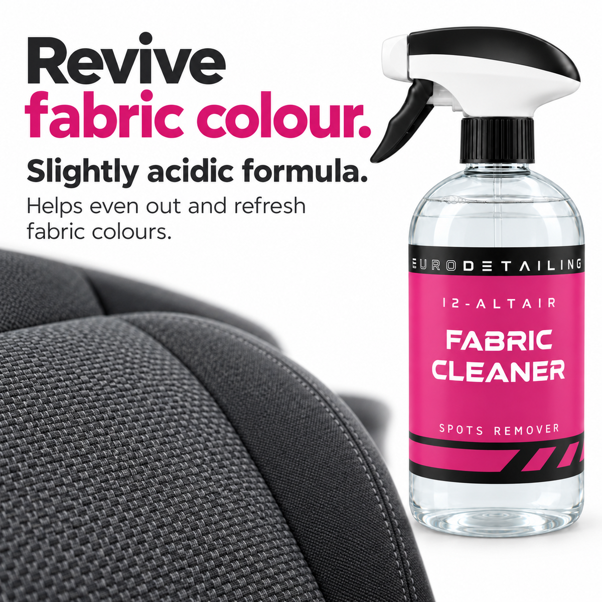 Eurodetailing I2 Altair Fabric Cleaner beside grey fabric car seats and a microfibre cloth.