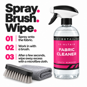Fabric Cleaner instructions: spray onto fabric, brush, then wipe away excess.