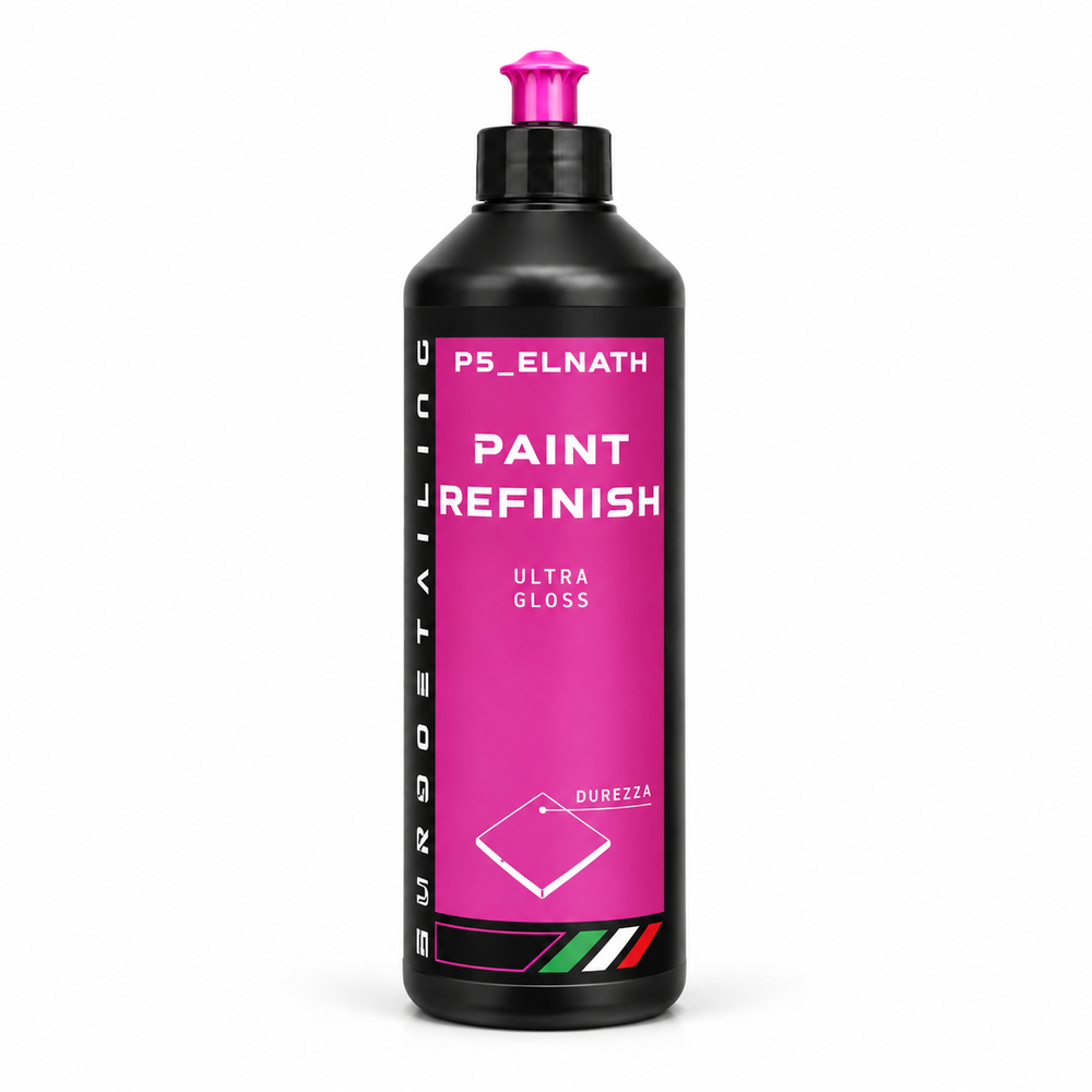 Eurodetailing P5 Elnath Paint Refinish finishing polish in a black bottle with a pink label.