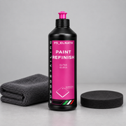 Eurodetailing Paint Refinish bottle beside a microfibre cloth and polishing pad.