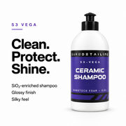 S3 Vega ceramic shampoo benefits: SiO2 enrichment, glossy finish and silky feel.