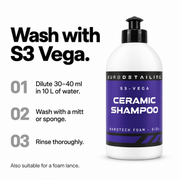 S3 Vega instructions: dilute, wash with a mitt or sponge, then rinse.